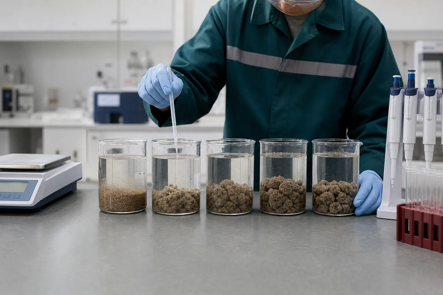 Bench sludge conditioning trial comparing floc size drainage and supernatant clarity