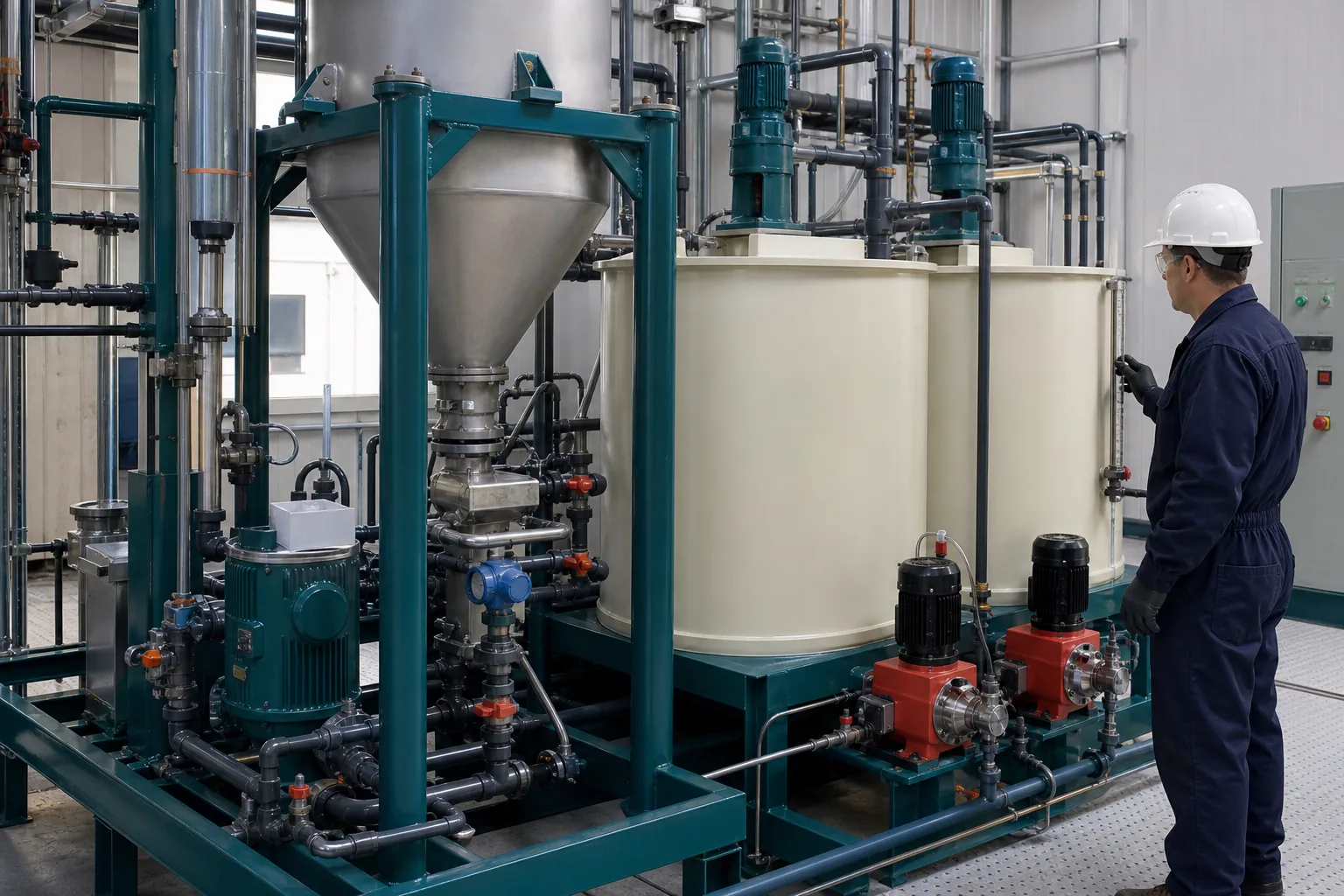 Cationic polyacrylamide emulsion make-down skid with neat pump water meter and aging vessel