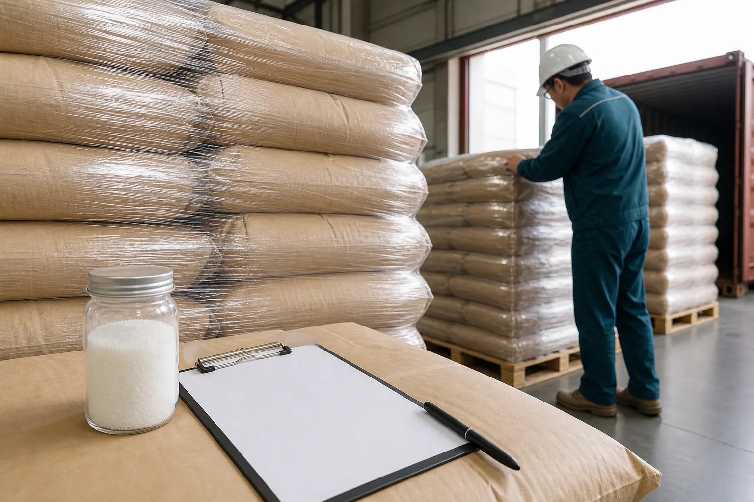 Industrial cationic polymer emulsion drums and IBC packaging prepared for shipment