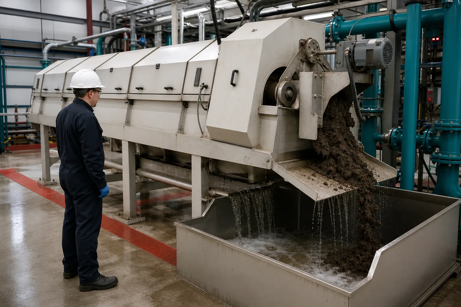 Screw press dewatering system with polymer conditioning tank and filtrate channel