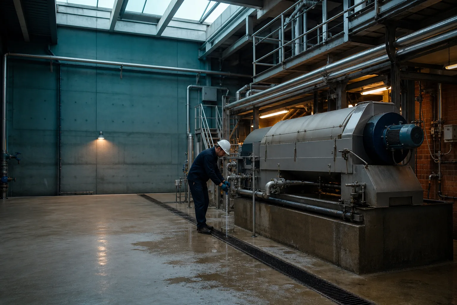 Decanter centrifuge and cationic polyacrylamide emulsion dosing tote in a sludge dewatering room
